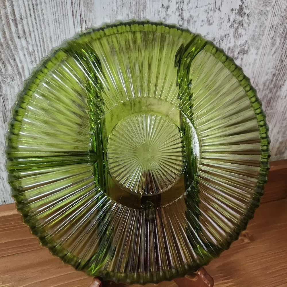 1978 Indiana Glass Olive Green Divided Relish Plate / Cheese Plate - 10”